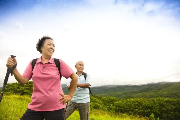 Happy senior couple hiking on the mountain — Stock Photo, Image