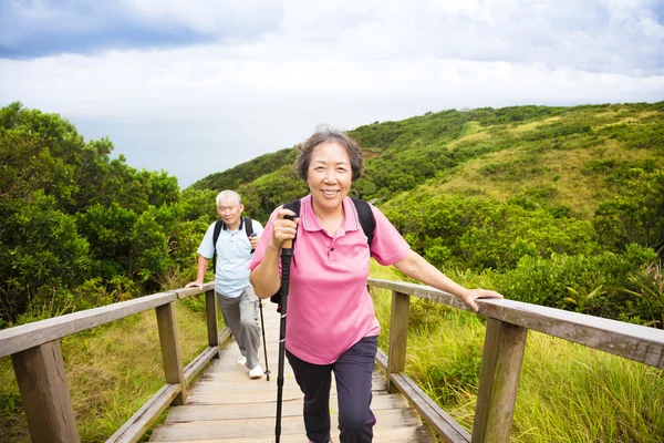 Happy senior couple hiking on the mountain park — Stock Photo, Image