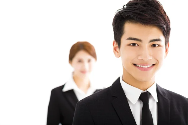 Happy businessman and woman standing  in office — Stock Photo, Image