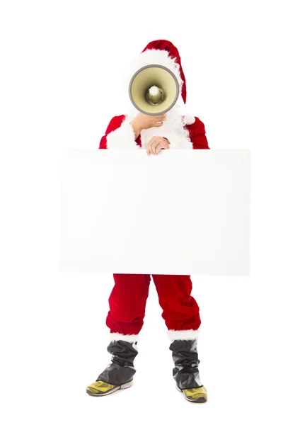 Père Noël tenant mégaphone et panneau d'affichage vierge — Photo