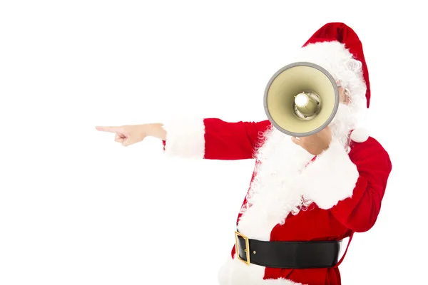 Санта-Клаус держит мегафон и указывает на жест — стоковое фото