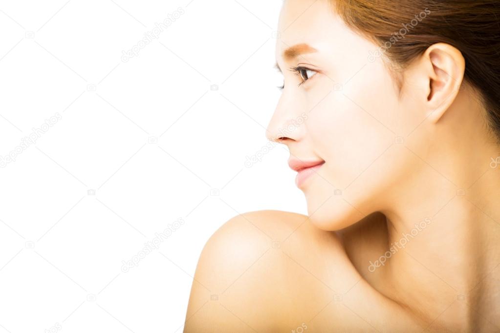 side view young smiling  woman with clean face