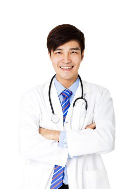 Dostu genç erkek doktor beyaz izole