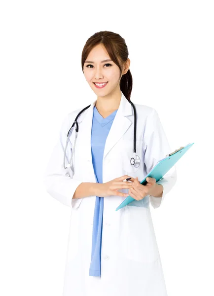 Smiling young female doctor isolated on white — Stock Photo, Image