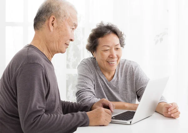 Gelukkig Senior paar met behulp van Laptop in de woonkamer — Stockfoto