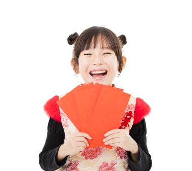 mutlu Çin yeni year.little kız kırmızı zarf gösterilen