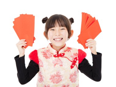 mutlu Çin yeni year.little kız kırmızı zarf gösterilen