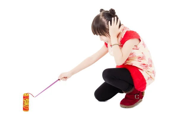 Happy chinese new year. kids playing with firecracker — Stock Photo, Image