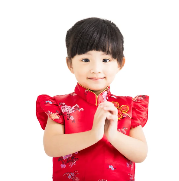 Glückliches chinesisches neues Jahr.kleines Mädchen mit Gratulationsgeste — Stockfoto