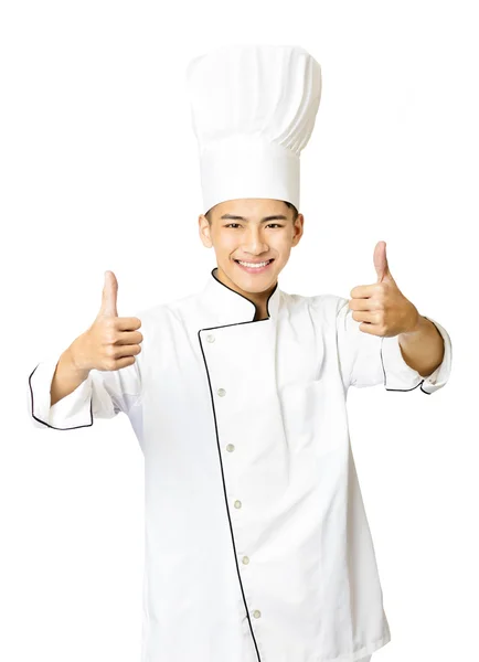 Jovem chef masculino com polegar para cima isolado em branco — Fotografia de Stock