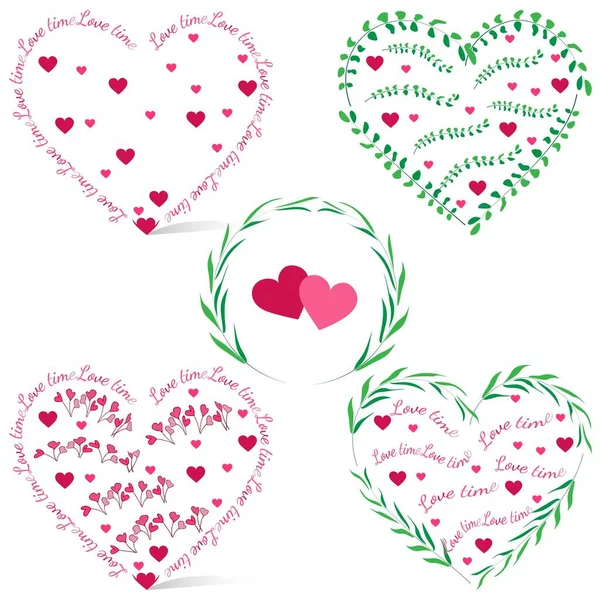 由心脏 叶子和铭刻在白色背景上的心形结构组成的若干框架 情人节的矢量背景为您的设计 Eps — 图库矢量图片