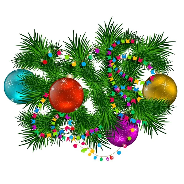 Green Fir Branches Christmas Balls Garlands White Background Vector Drawing — Stock Vector