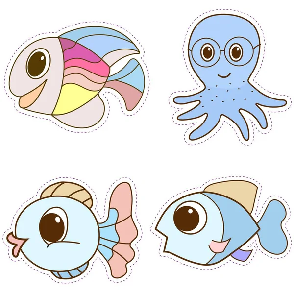 재미있는 물고기와 문어입니다 프린트 스티커와 유아용 제품에 수있는 귀여운 캐릭터 — 스톡 벡터