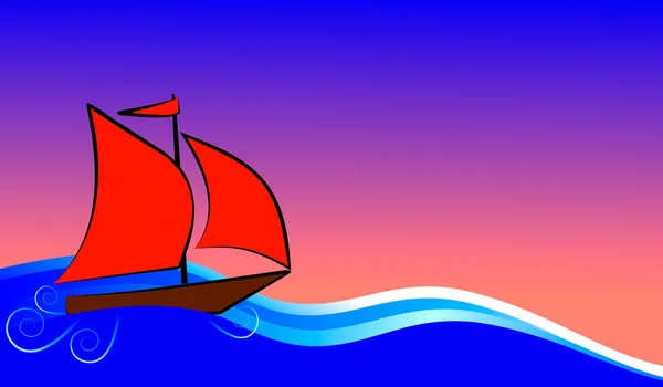 Barco con velas rojas flota en el mar azul — Vector de stock