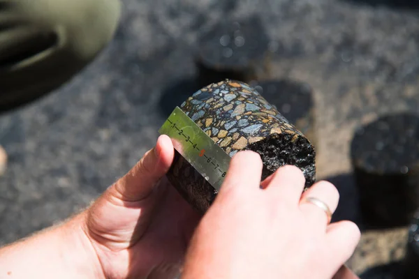 Checking Quality Road Asphalt Using Special Tool Samples Taken Measure — Stock Photo, Image