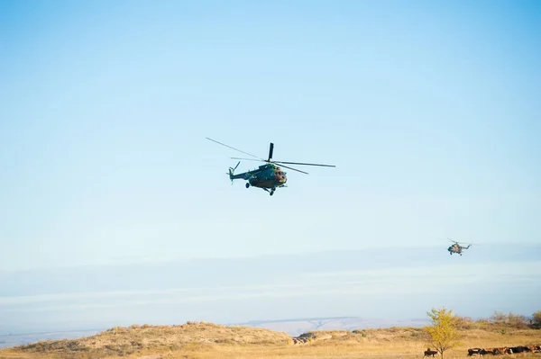 进行军事示范演习期间的军用直升机飞行 — 图库照片