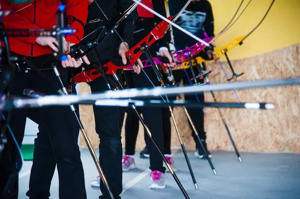 Tiro Com Arco Exercício Archer Com Arco Esporte Conceito Recreação — Fotografia de Stock