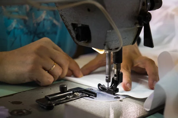 Woman Hands Fabric Sewing Machine Seamstress Working Her Equipment Tailoring — Stock Photo, Image