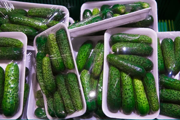 Cucumbers Cellophane 포장에 됩니다 그래서 그들은 그들의 특성을 유지하기 스톡 사진