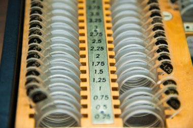 Görme testi için bir lens seti, optometrist tarafından kullanılır.