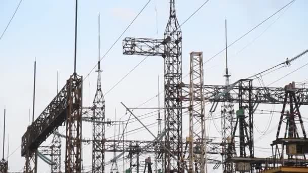 High Voltage Power Transformer Substation Blue Sky Background — Stock Video