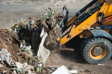 Kazıcı çöpleri daha fazla işlem için kamyonete yüklüyor.