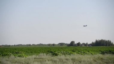 Mavi gökyüzüne karşı küçük bir uçak. Bir tarım havacılık uçağının uçuşu