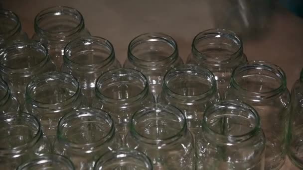 保存蔬菜 黄瓜加工和保存的工业生产线 新鲜黄瓜洗净 腌制并保存在玻璃瓶中长期保存 — 图库视频影像