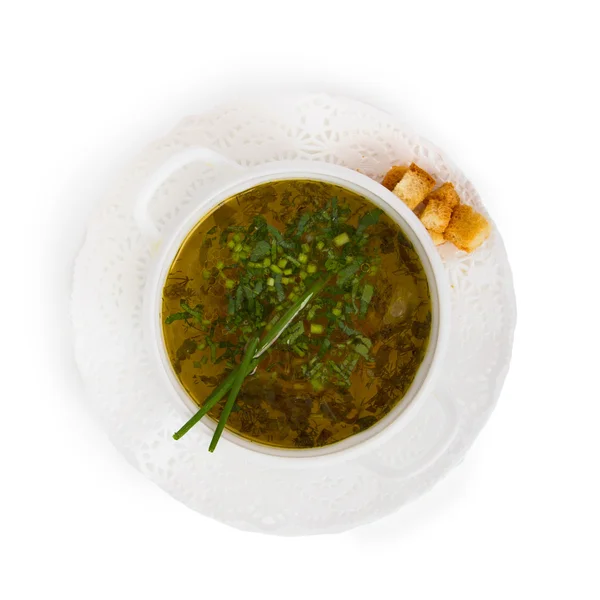 Chicken soup with chives and croutons — Stock Photo, Image