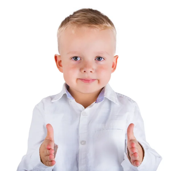 Little boy measures distance between his hands — Stock Photo, Image