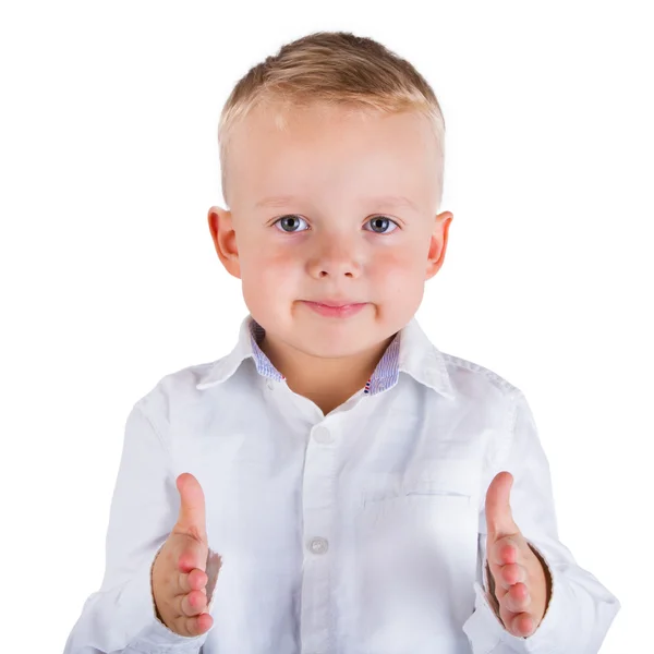 Little boy measures distance between his hands Stock Photo