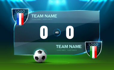 Futbol stadyumunun sahne ışıkları ve parlak ışık vektör illüstrasyonlu skorbord arkaplanı