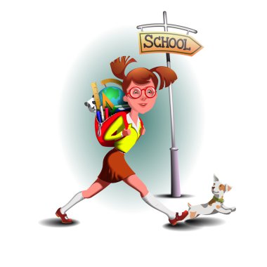 Schoolgirl. the cheerful girl hurries in school she has a school bag. The bag is full school supplies.