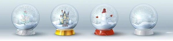 Julen Crystal Snow Ball set med bollar, gåva, päls träd och, snögubbe och familjär hem. — Stock vektor