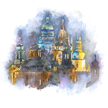  Prag, nigth şehrin suluboya tarzı sanat
