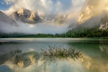 Beautiful Mountains Lake at the misty morning, nature landscape clipart