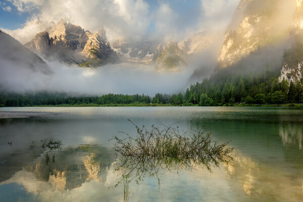 Beautiful Mountains Lake at the misty morning, nature landscape