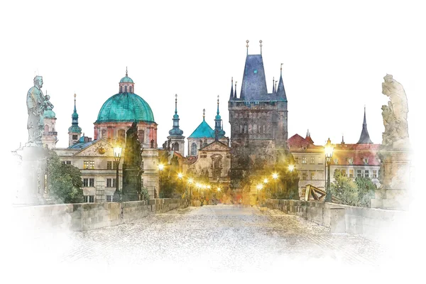 Prague - famous landmark Charles Bridge, watercolor artwork — Stock Photo, Image