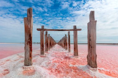  Tuz gölünün gerçek pembe rengi ve derin mavi gökyüzü, minimalist doğal manzara, Ukrayna seyahat arkaplanı. Doğanın mucizesi 