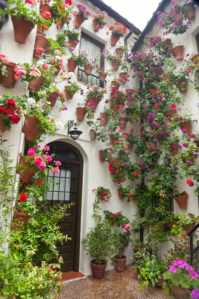 Blumenschmuck im Innenhof, typisches Haus in Spanien, Europa — Stockfoto