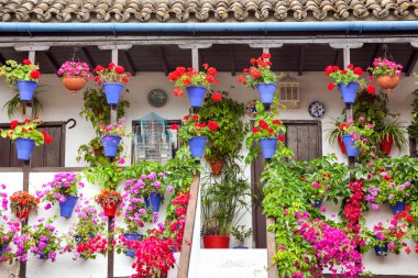 tipik Teras (balkon) kırmızı ve pembe çiçekler, İspanya dekore edilmiştir.