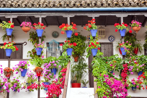 Typische Terrasse (Balkon) dekoriert rosa und rote Blumen, Spanien — Stockfoto