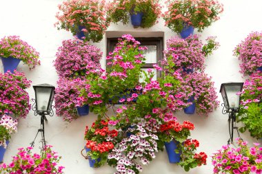 Typical Window decorated Pink and Red Flowers,  Spain, Mediterra clipart