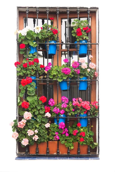 Ventana vieja con flores Decirations aislado en blanco — Foto de Stock