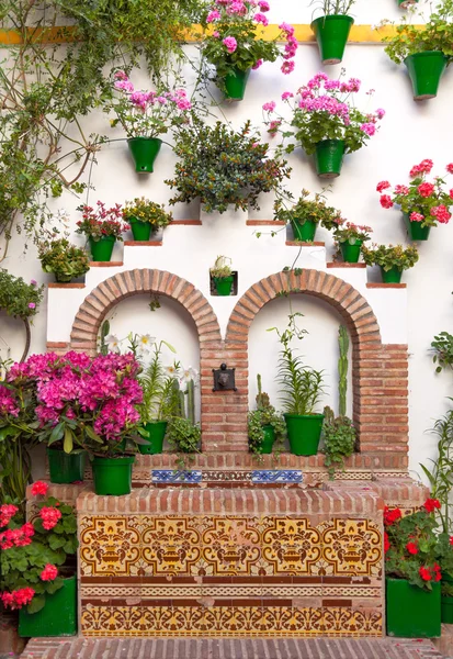 Alte europäische Stadt - Blumenschmuck an der Wand, Cordoba, Spanien — Stockfoto