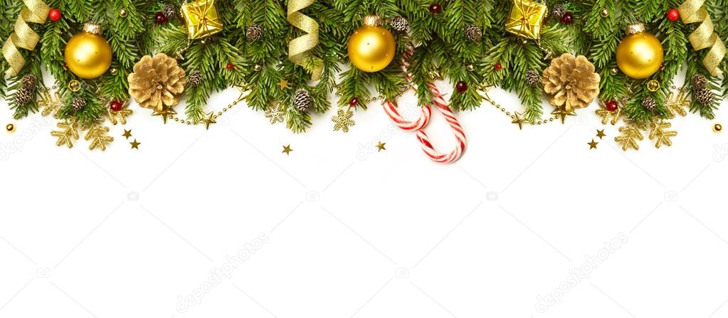 Christmas Decorations Border isolated on white background Stock Photo