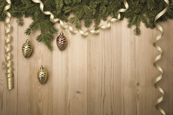 ChristmasVintage Background with fir tree, golden ribbon and dec — Stock Photo, Image