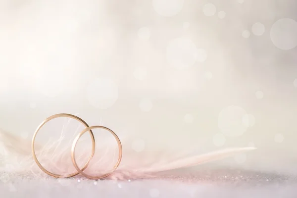 Dos anillos de boda de oro y pluma - fondo suave claro —  Fotos de Stock