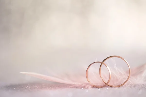 Dois Anéis de Casamento Dourados e Pena fundo suave — Fotografia de Stock