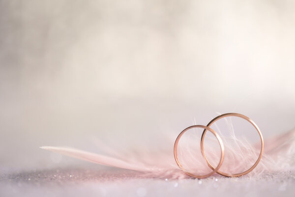 Two Golden Wedding Rings and  Feather - gentle background 